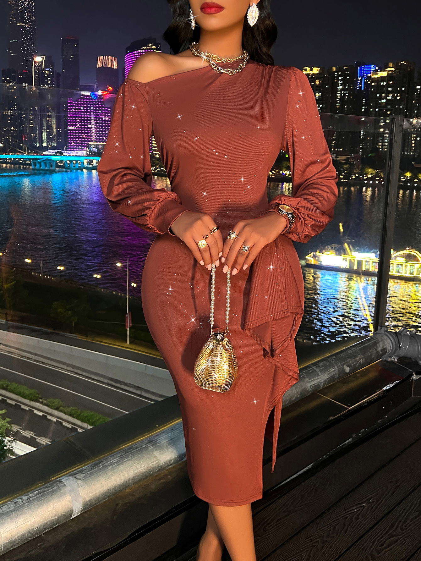 Plain Wryshoulder Long Sleeve Split Elegant Dress - Image 6