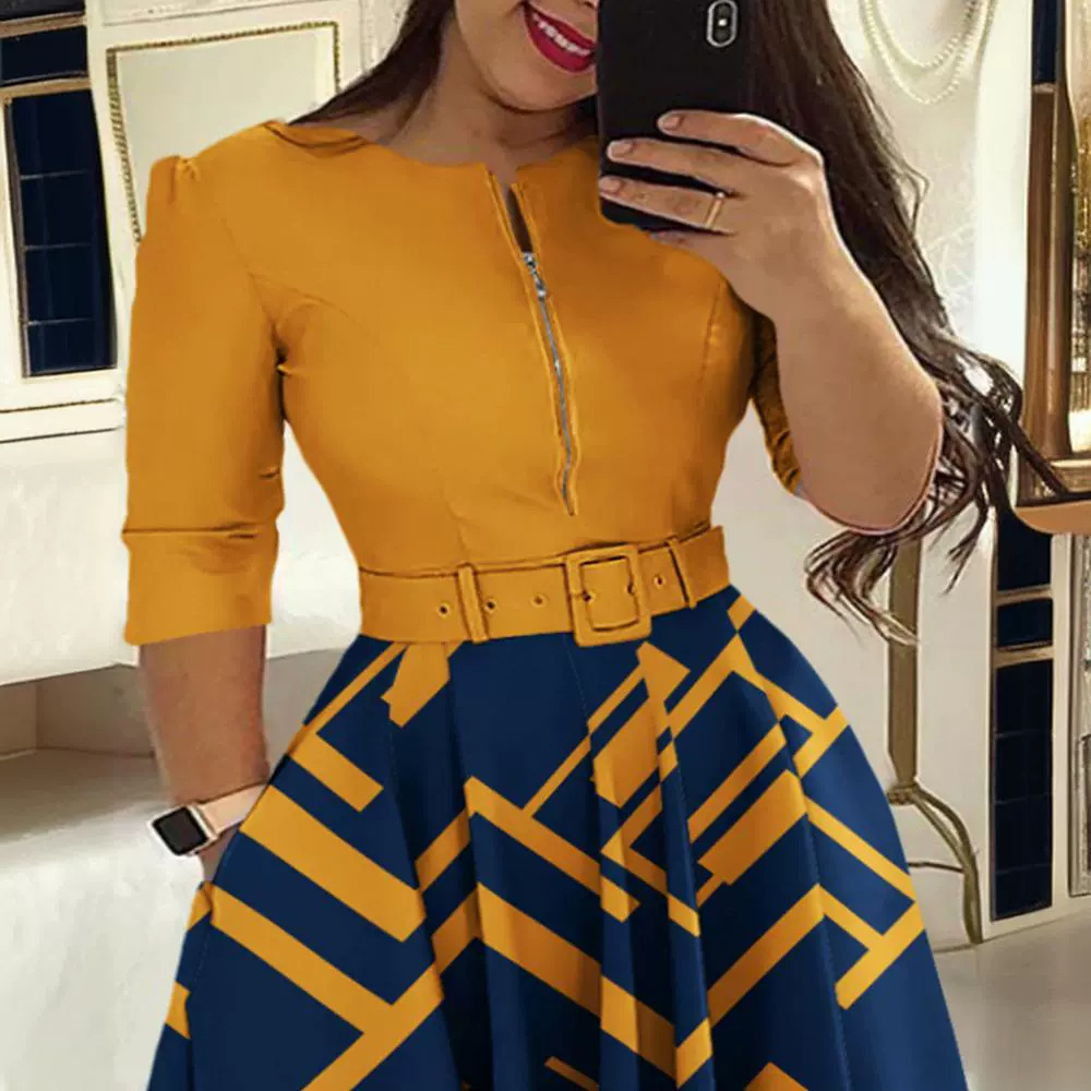 Chest Zipper Crew Neck High Waist Work Swing Printed Dress - Image 4