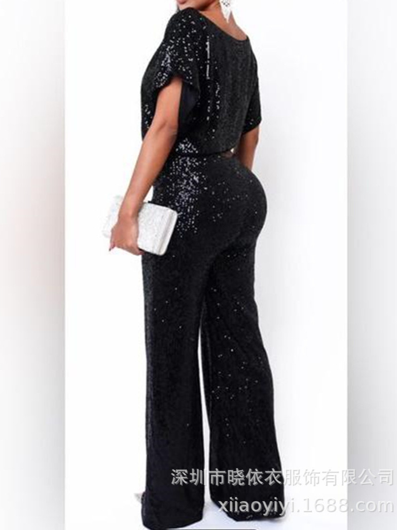 Women's Sequin Short-sleeved T-Shirt Wide Leg Pants Two-piece Set - Image 2