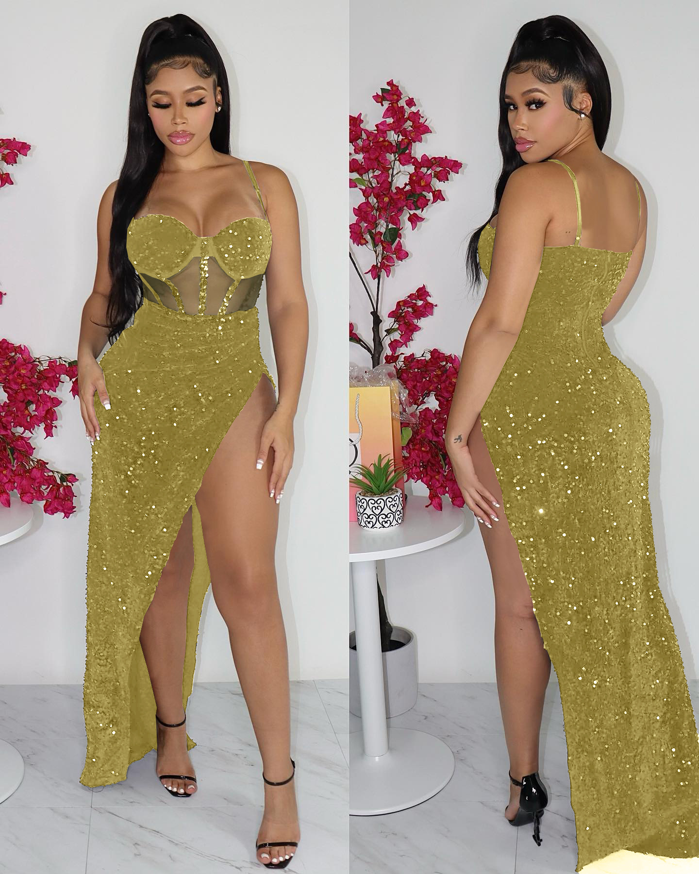 Women's Solid Color Sequins Mesh Sexy Cocktail Dress - Image 3