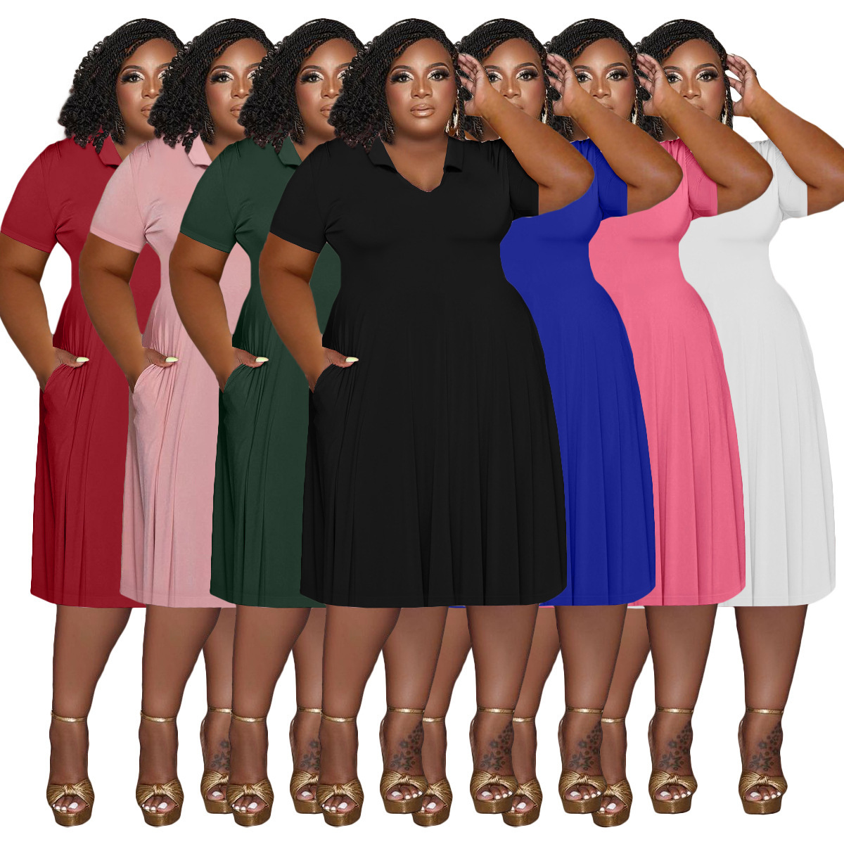 Women's Plus Size Casual Lapel Solid Color Short Sleeve Dress