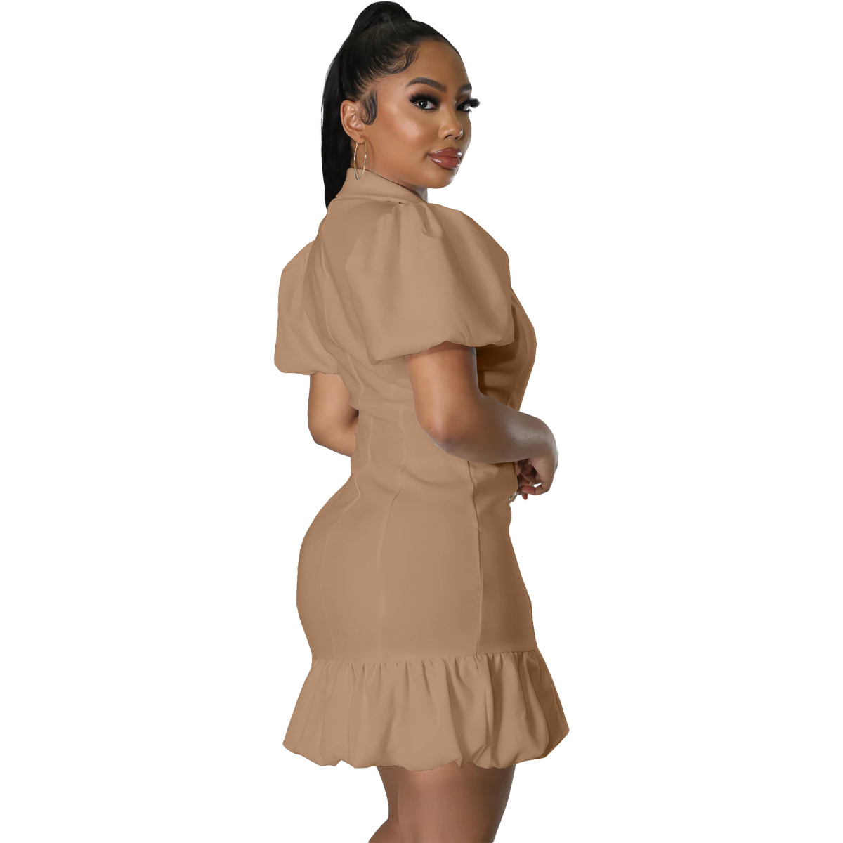 Women's Suit Collar Puff Sleeves Solid Color Fishtail Dress