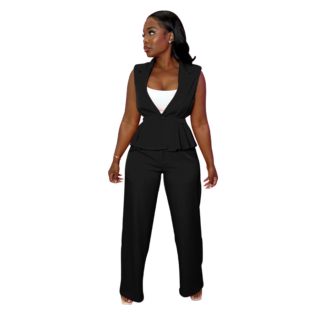 Women's Plain Pleat Sleeveless Blazer & Pants Two-piece Set - Image 4