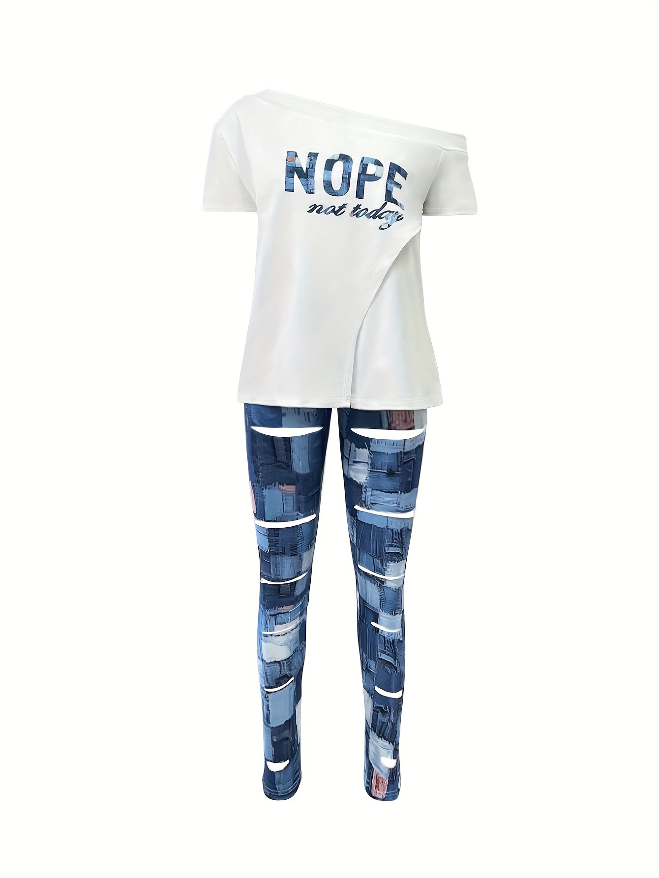 Women's Letter Printed Off-shoulder Short-sleeved Top And Pants Set - Image 2