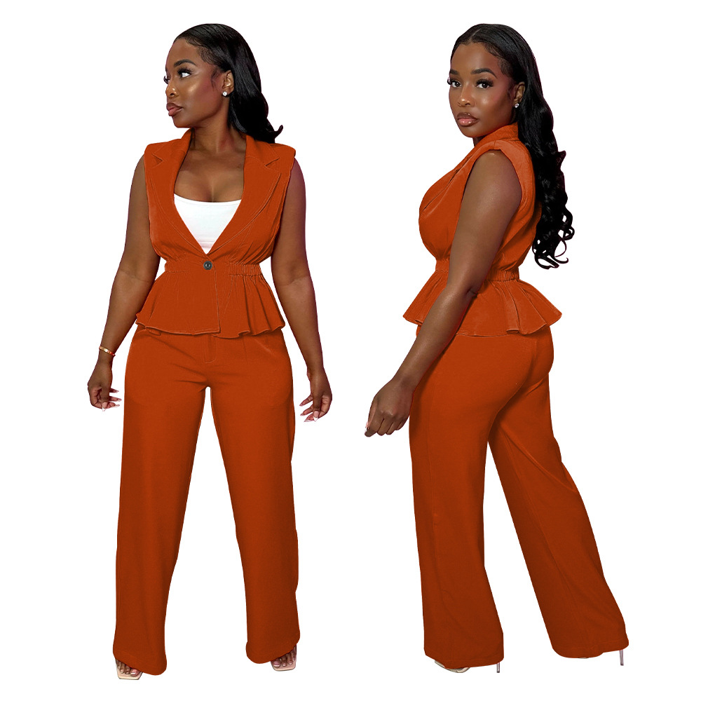 Women's Plain Pleat Sleeveless Blazer & Pants Two-piece Set - Image 2