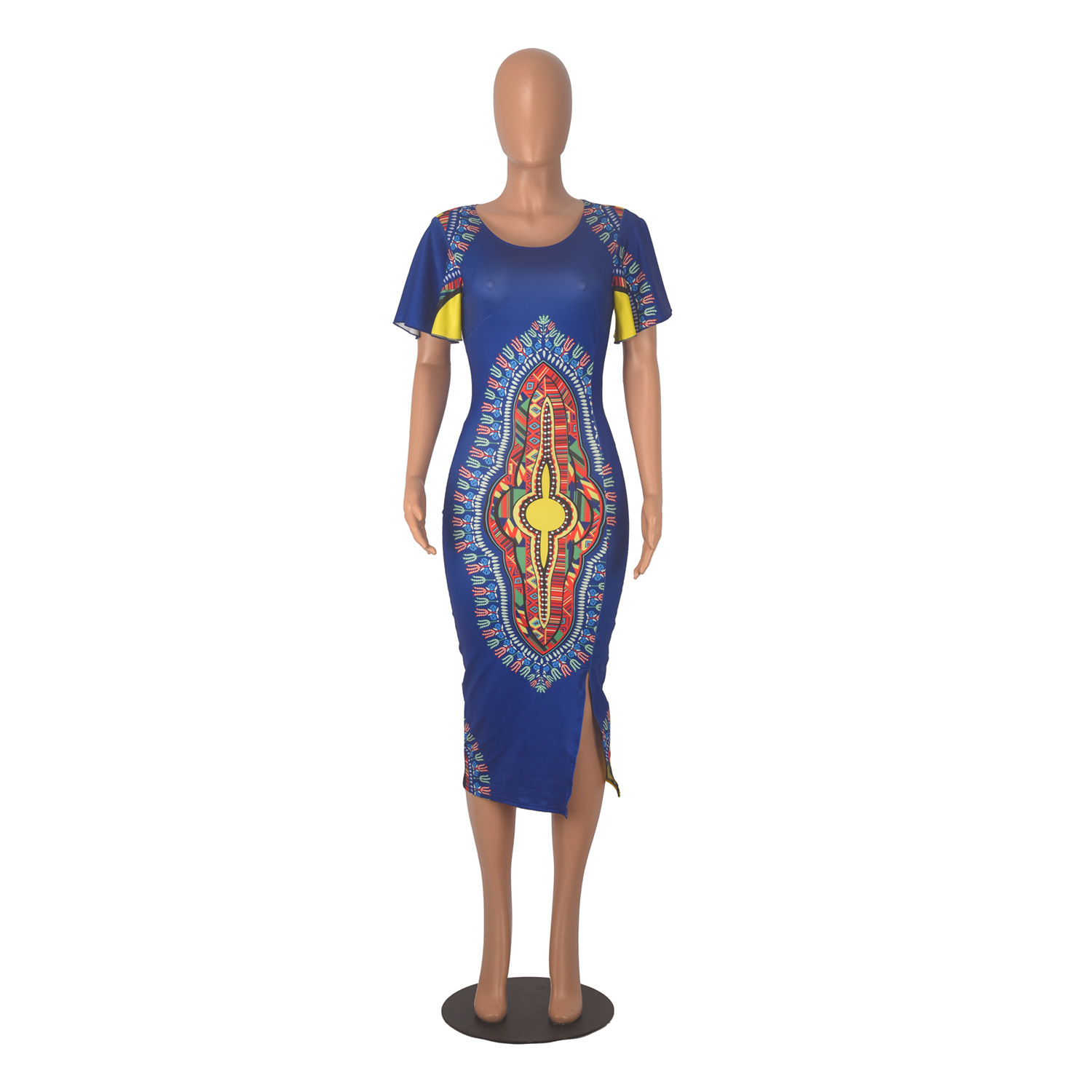 Print Crew Neck Butterfly Sleeve Split Elegant Dress - Image 5