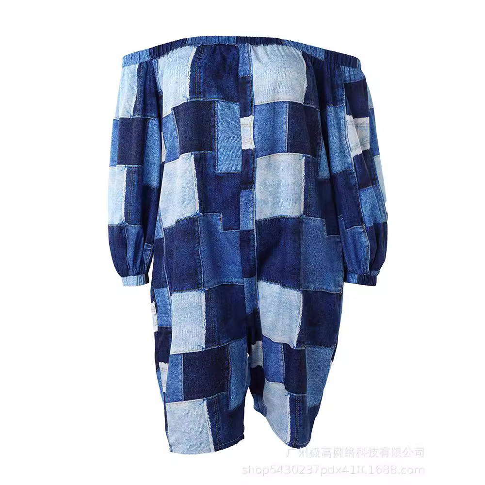 Plaid Off Shoulder Lantern Sleeve Short Jumpsuit - Image 4