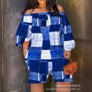 Plaid Off Shoulder Lantern Sleeve Short Jumpsuit