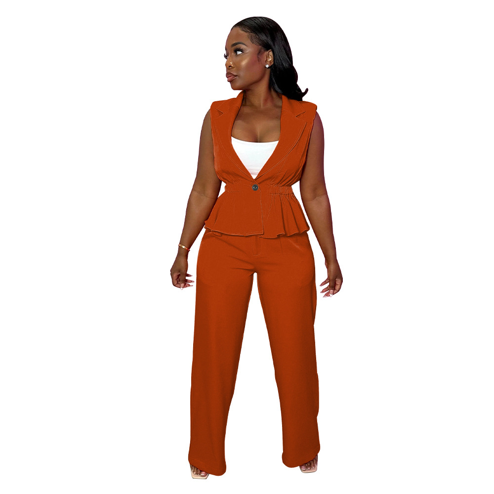Women's Plain Pleat Sleeveless Blazer & Pants Two-piece Set - Image 5