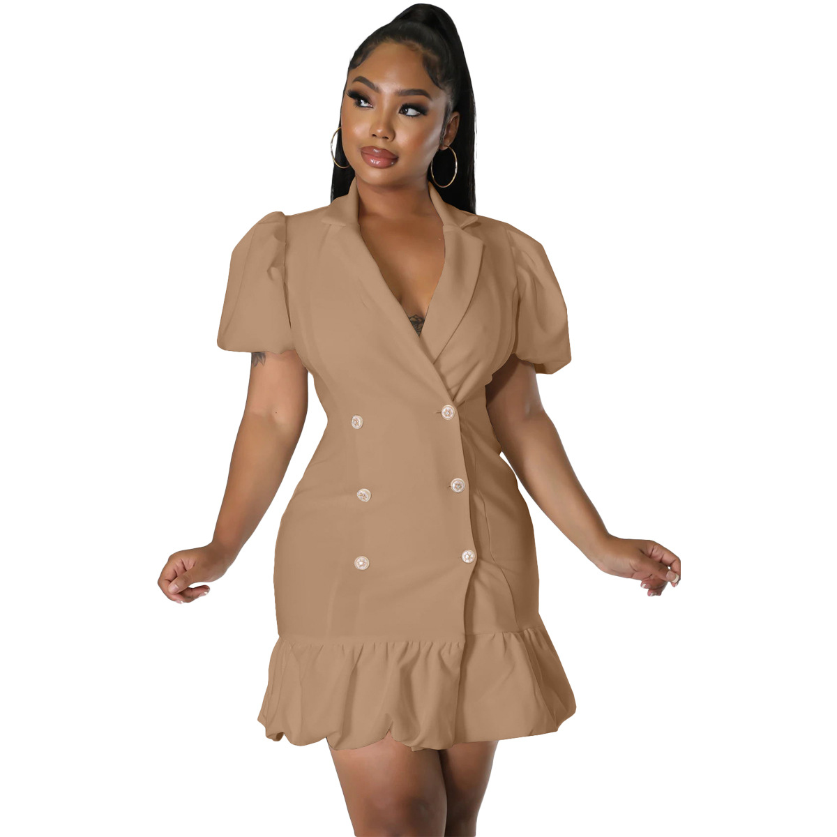 Women's Suit Collar Puff Sleeves Solid Color Fishtail Dress - Image 6