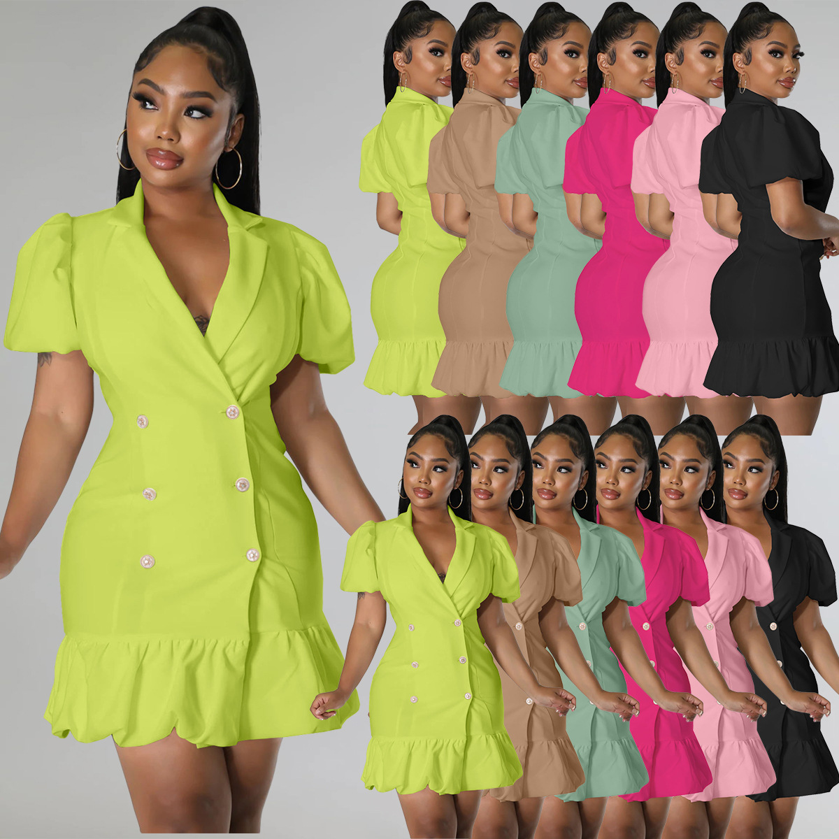 Women's Suit Collar Puff Sleeves Solid Color Fishtail Dress - Image 2