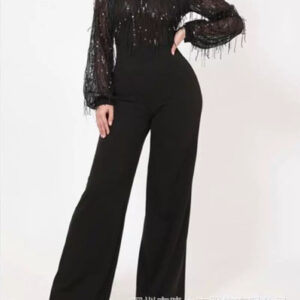 Women's Round Neck Sequined Tassel Black Jumpsuit