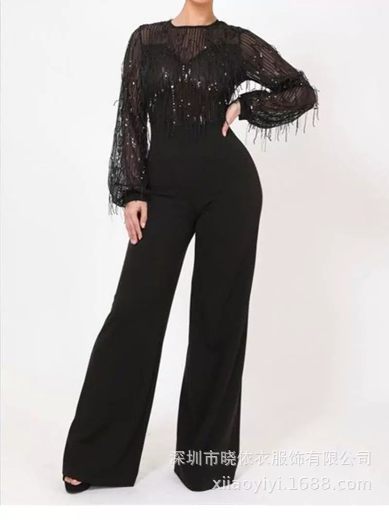 Women's Round Neck Sequined Tassel Black Jumpsuit