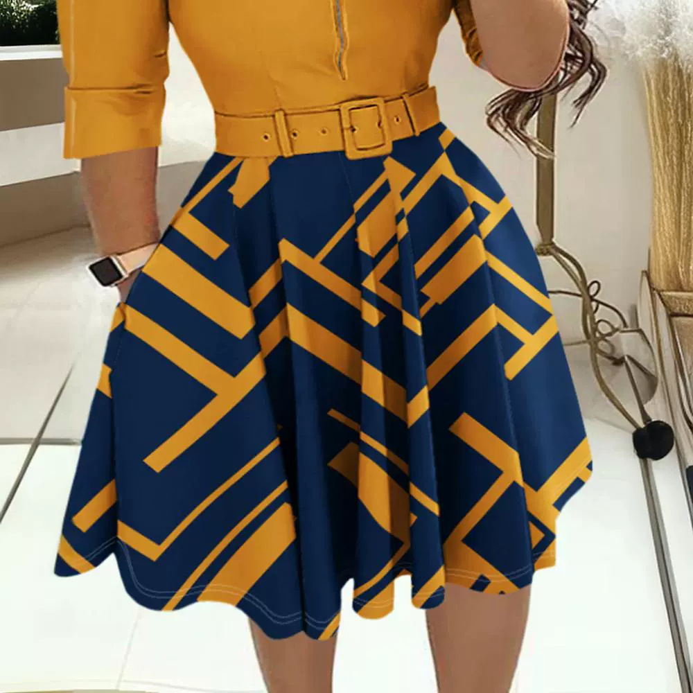Chest Zipper Crew Neck High Waist Work Swing Printed Dress - Image 3