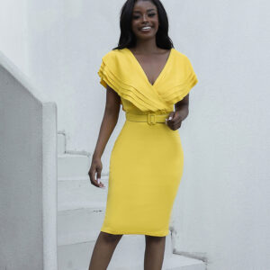 Women's Plain V-Neck Butterfly Sleeve Belt Elegant Dress