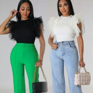 Round Neck Mesh Splice Ruffled Sleeve T-Shirt