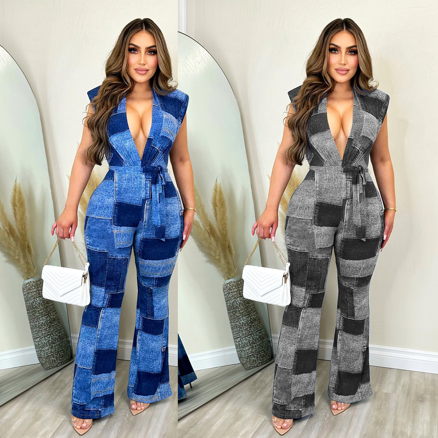 Women's Fashion Denim Printed Lace-Up Sleeveless Pants Jumpsuit