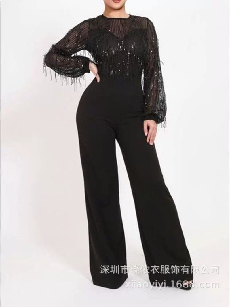 Women's Round Neck Sequined Tassel Black Jumpsuit - Image 4