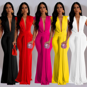 Women's Plain Deep V Neck Sleeveless Pleat Elegant Dress