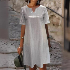 Plain V-Neck Short Sleeve Sparkling Casual Dress