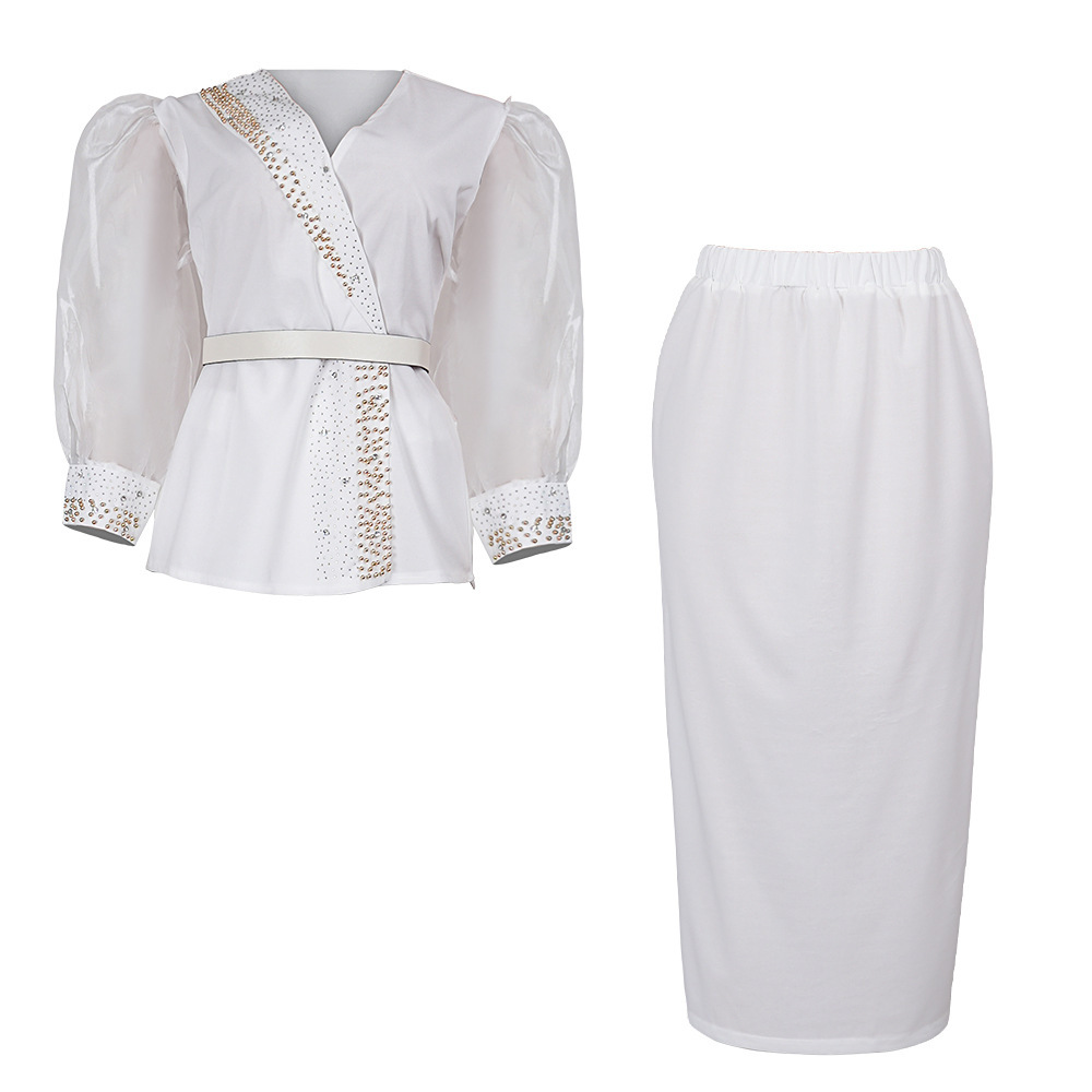 Women's Fashion Contrasting Color V-Neck Puff Sleeve Top Sheath Skirt Set - Image 5