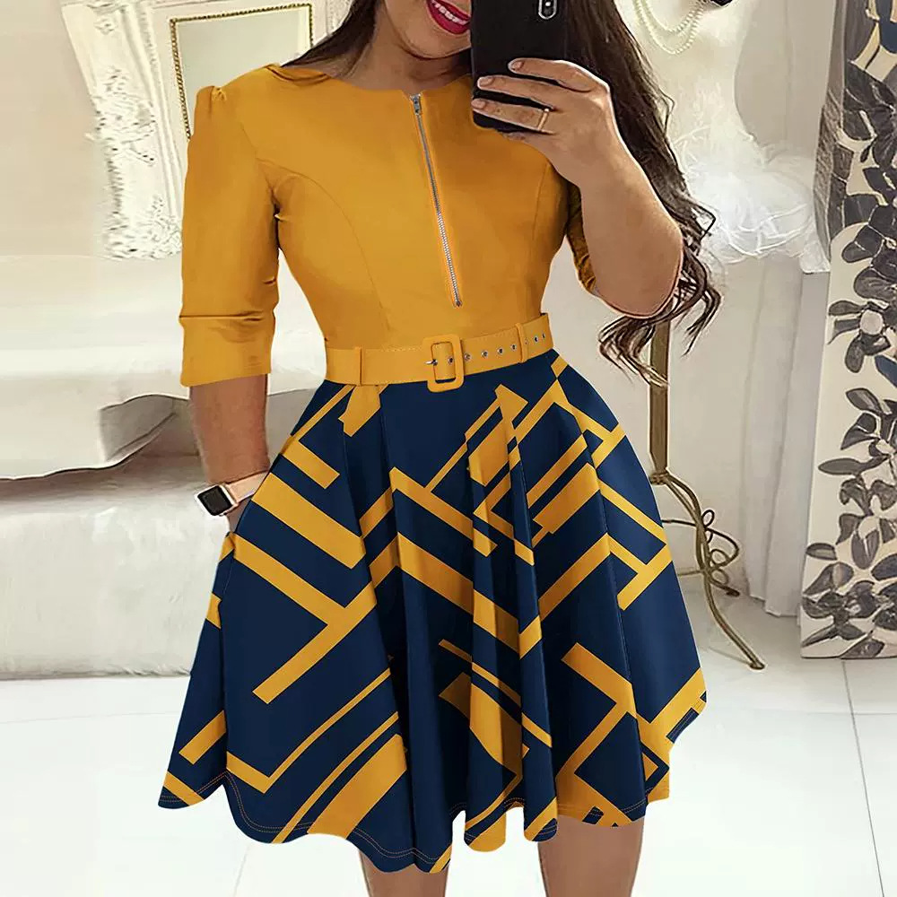 Chest Zipper Crew Neck High Waist Work Swing Printed Dress - Image 2