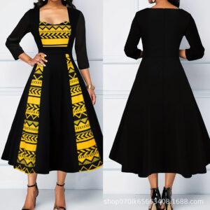 Women's Printed Color Block Square Neck Work Plus Size Swing Dress