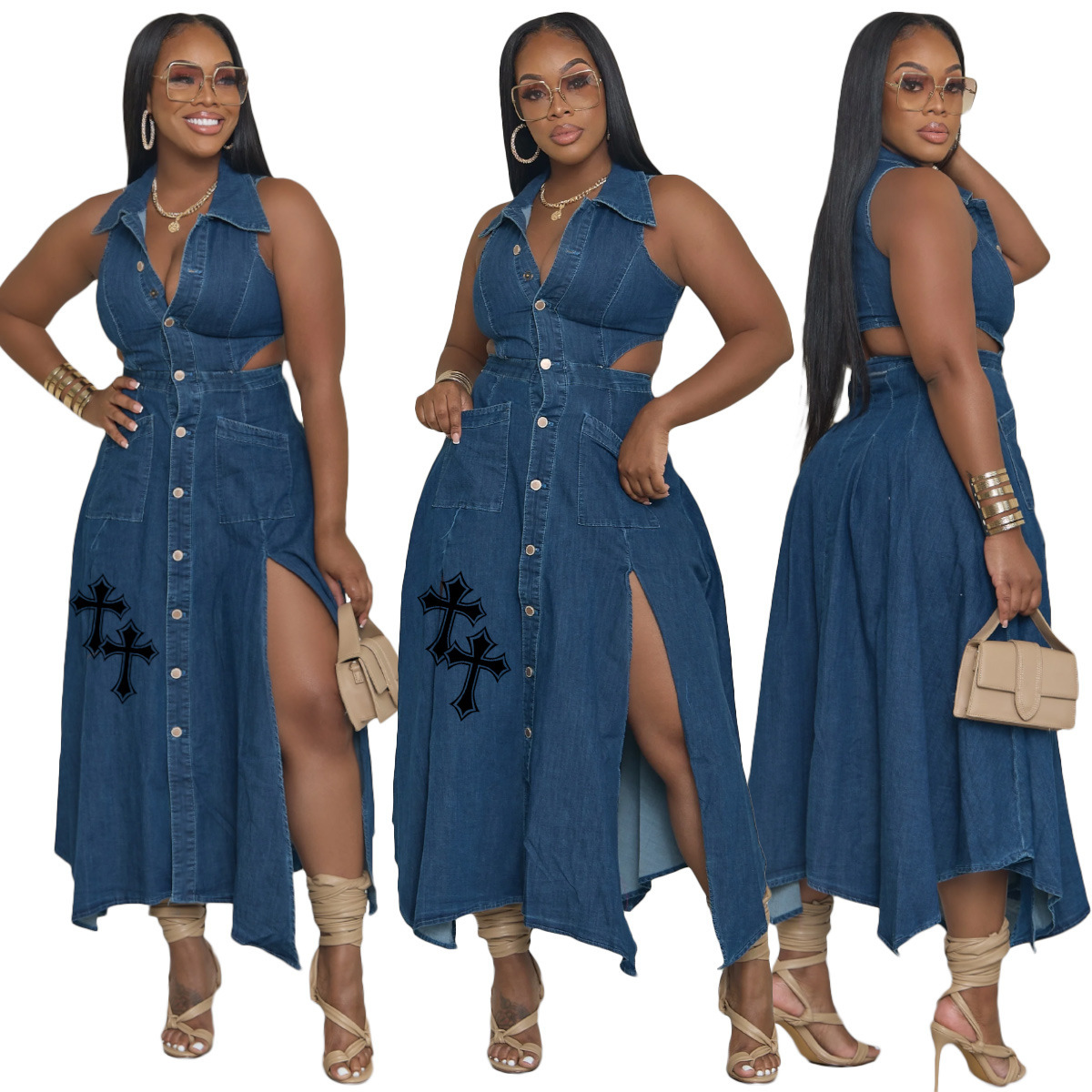 Women's Fashion Deep V Loose Slit Printed Hem Dress - Image 5