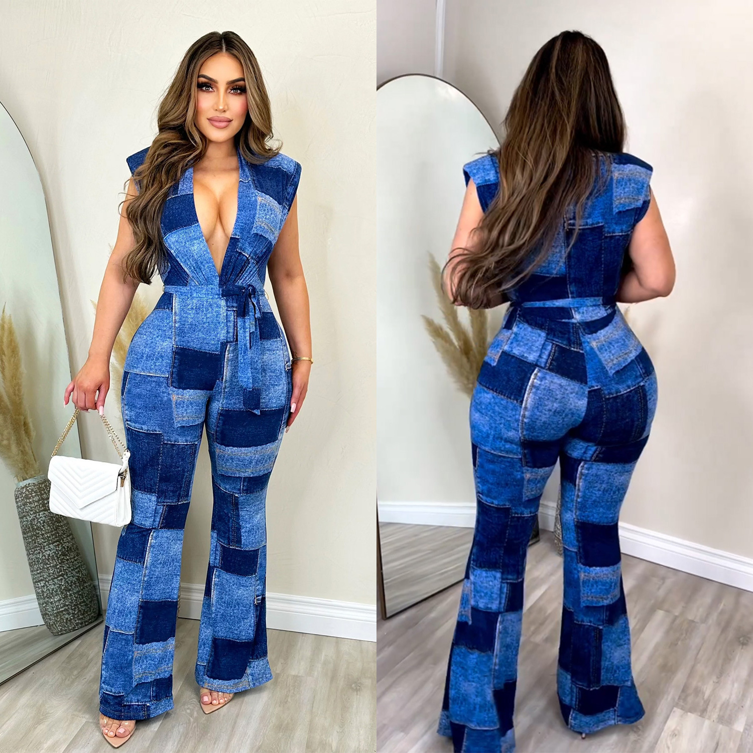 Women's Fashion Denim Printed Lace-Up Sleeveless Pants Jumpsuit - Image 2