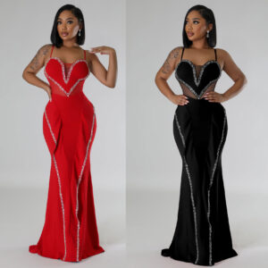 Women's Hot Diamond Mesh See-through Splicing Mesh Maxi Prom Dress