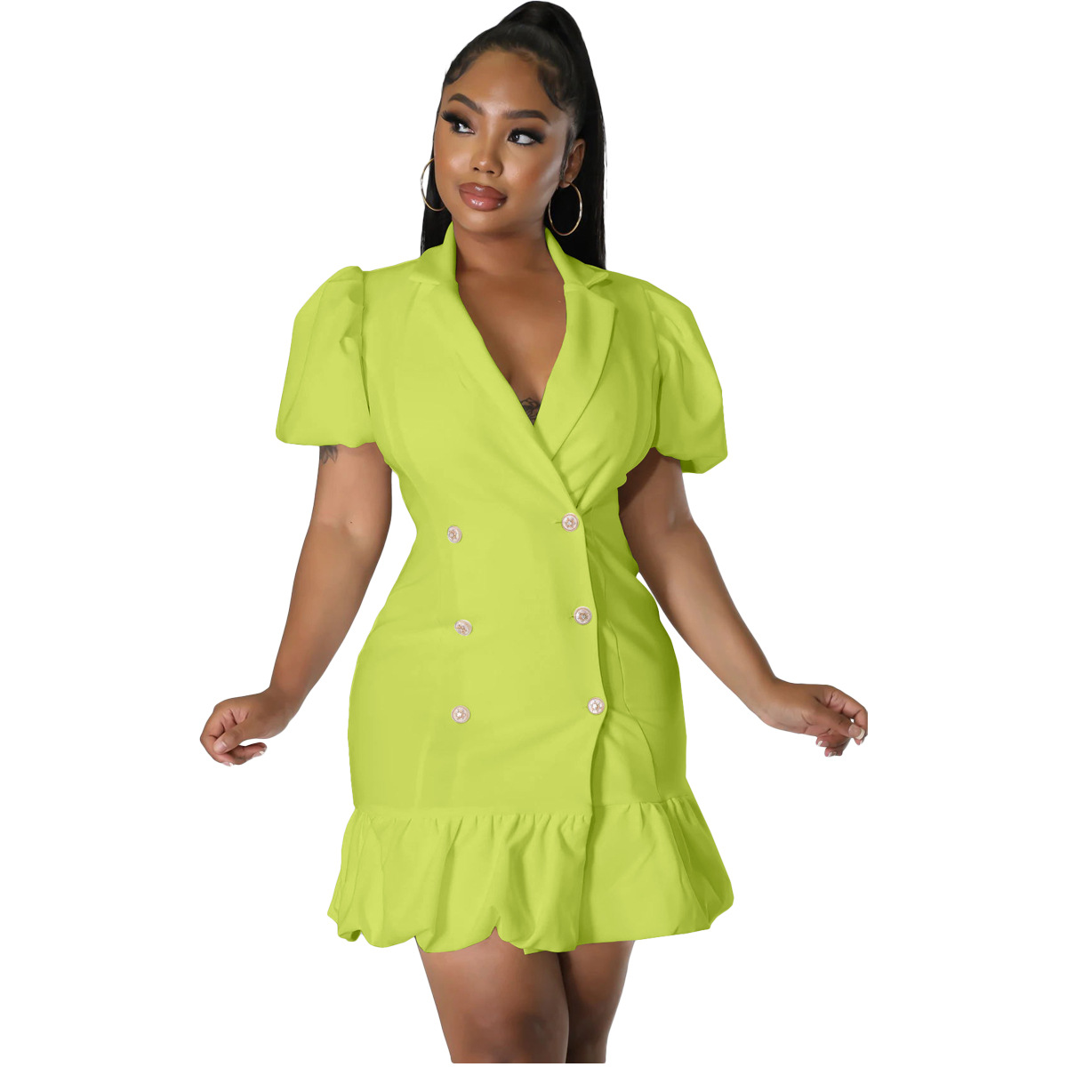 Women's Suit Collar Puff Sleeves Solid Color Fishtail Dress - Image 5