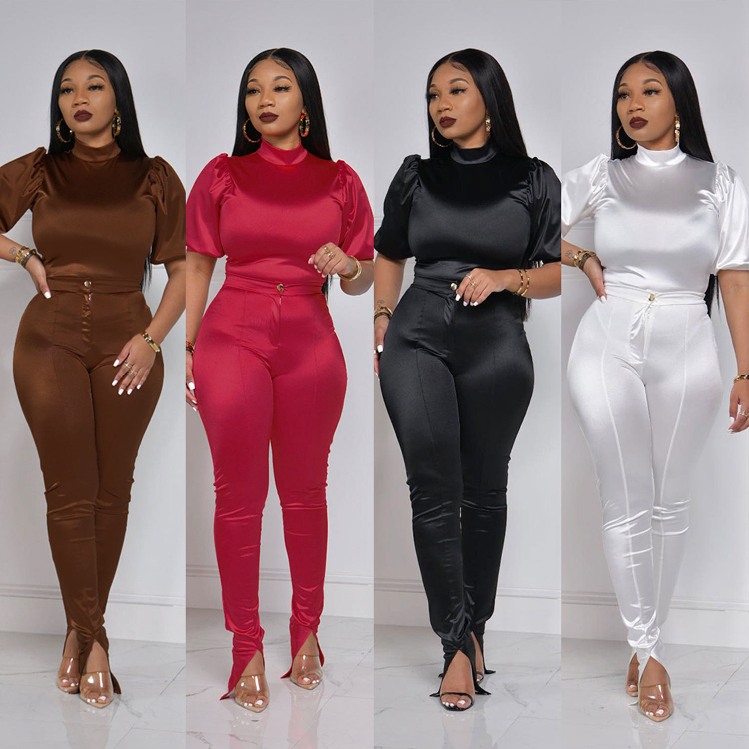 Women's Solid Color Short Sleeve Top High Waist Pants Two-piece Set