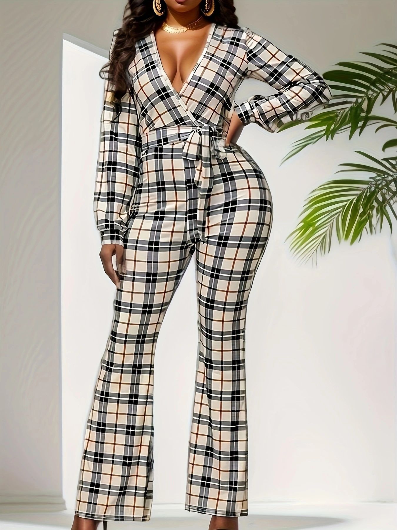 Women's Plaid V-Neck Bandage Long Sleeve Elegant Jumpsuit - Image 2