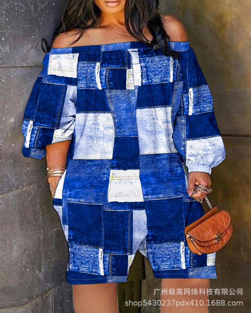 Plaid Off Shoulder Lantern Sleeve Short Jumpsuit - Image 6