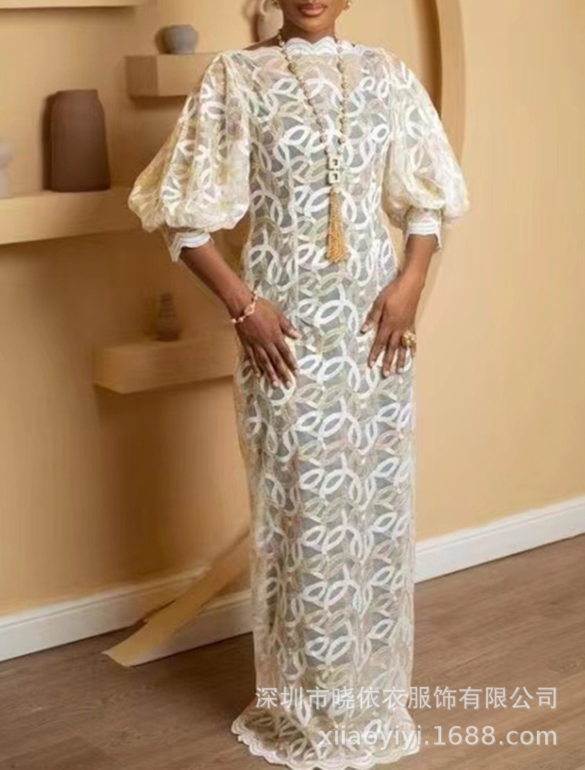 Women's Lace Puff Sleeve Embroidery H-Line Maxi Dress Evening Gown - Image 2