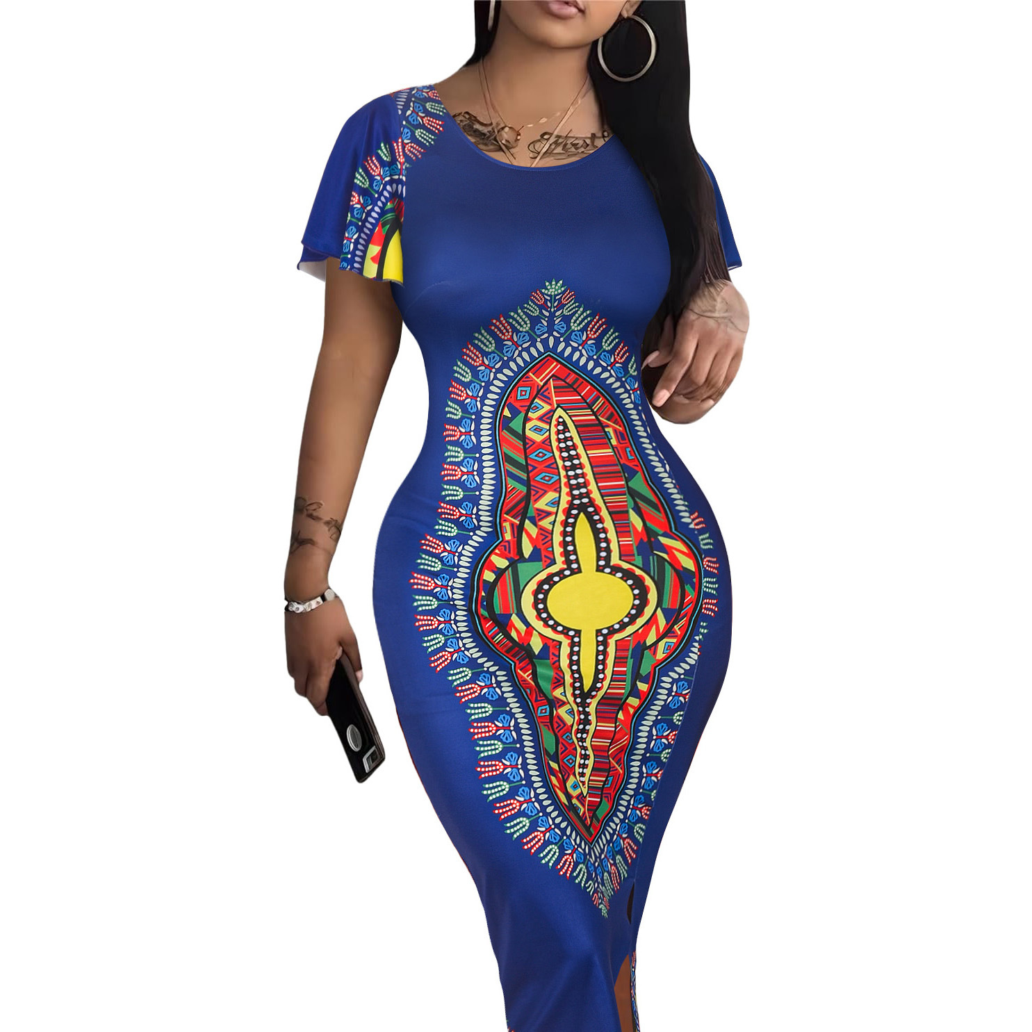 Print Crew Neck Butterfly Sleeve Split Elegant Dress - Image 2