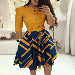 Chest Zipper Crew Neck High Waist Work Swing Printed Dress