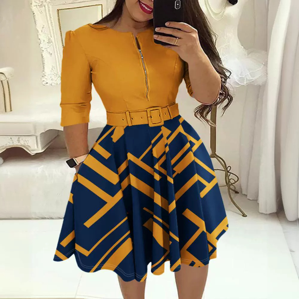 Chest Zipper Crew Neck High Waist Work Swing Printed Dress