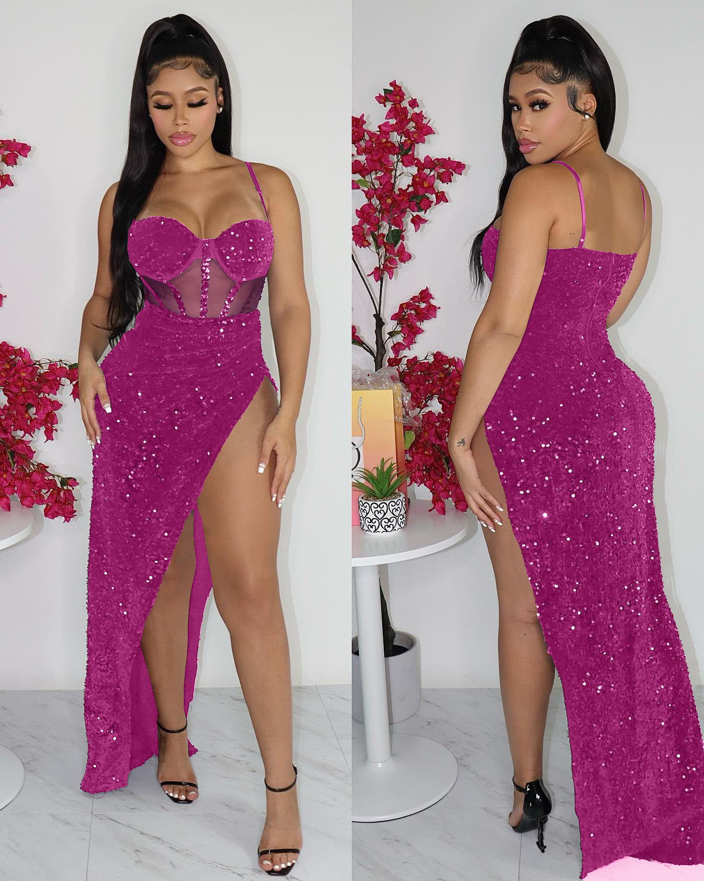 Women's Solid Color Sequins Mesh Sexy Cocktail Dress - Image 4