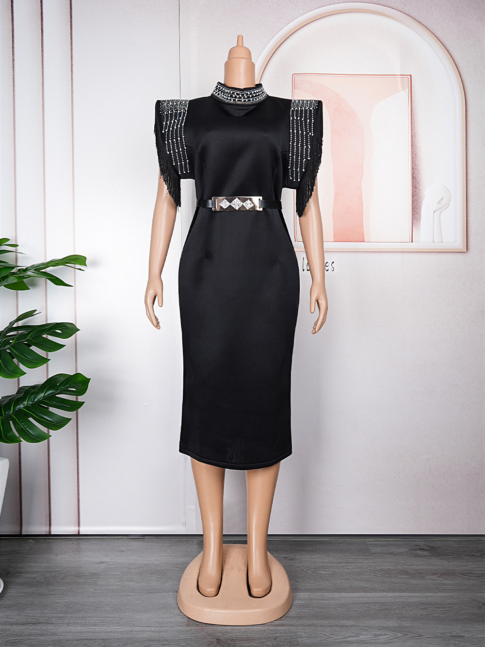 Women's Plus Size Short Sleeve Beads Tassel High Waist Sheath Party Dress - Image 6