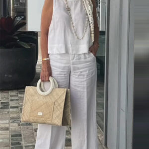 Plain Crew Neck Sleeveless Casual Pants Set