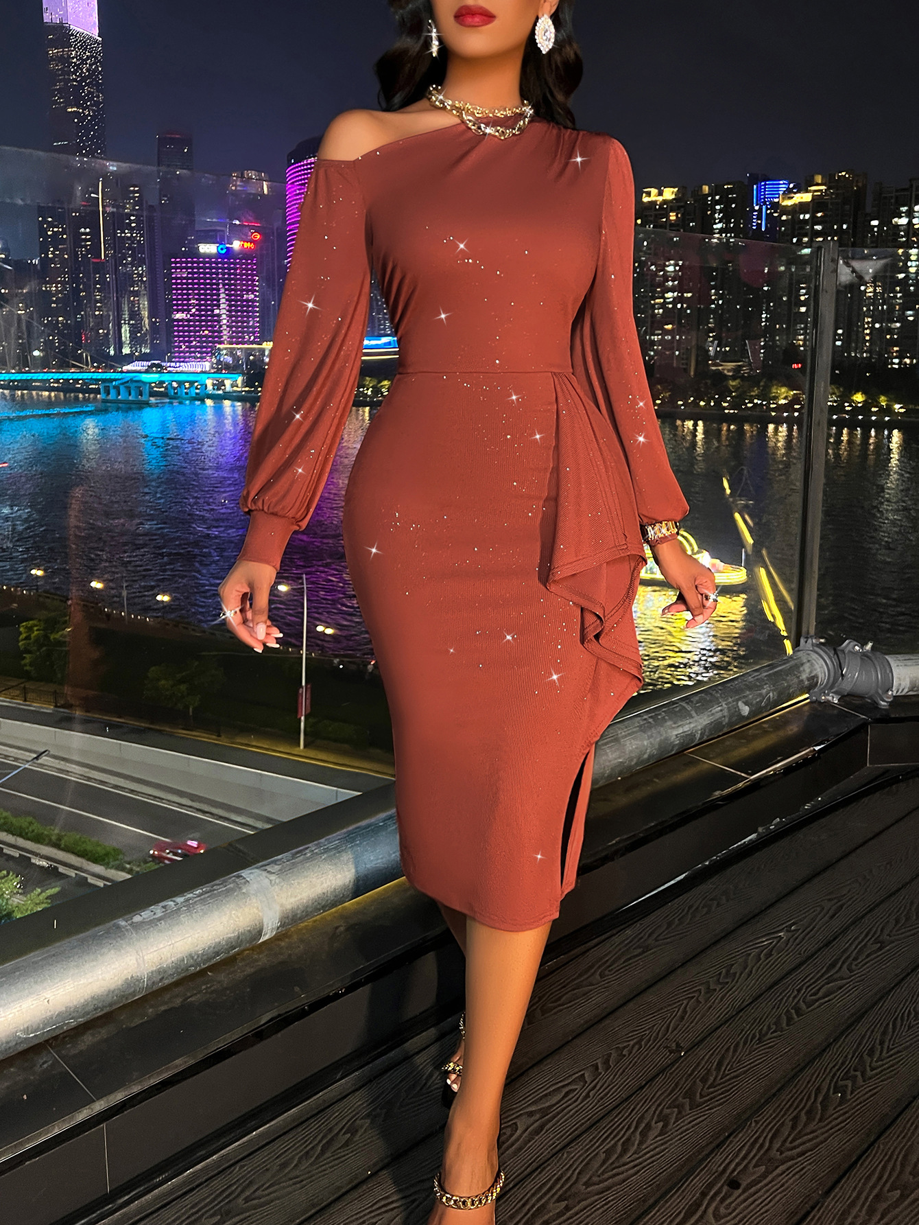 Plain Wryshoulder Long Sleeve Split Elegant Dress - Image 3
