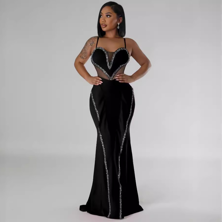 Women's Hot Diamond Mesh See-through Splicing Mesh Maxi Prom Dress - Image 3
