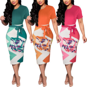 Print Crew Neck Short Sleeve Bandage Elegant Dress