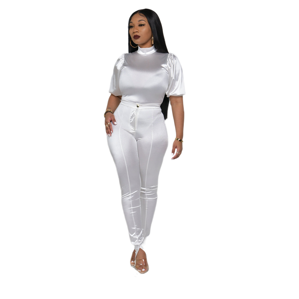 Women's Solid Color Short Sleeve Top High Waist Pants Two-piece Set - Image 6