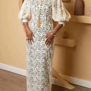 Women's Lace Puff Sleeve Embroidery H-Line Maxi Dress Evening Gown