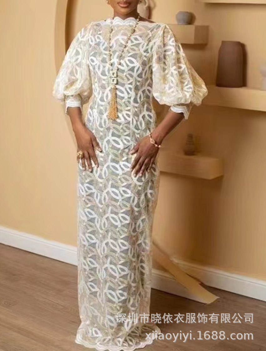 Women's Lace Puff Sleeve Embroidery H-Line Maxi Dress Evening Gown