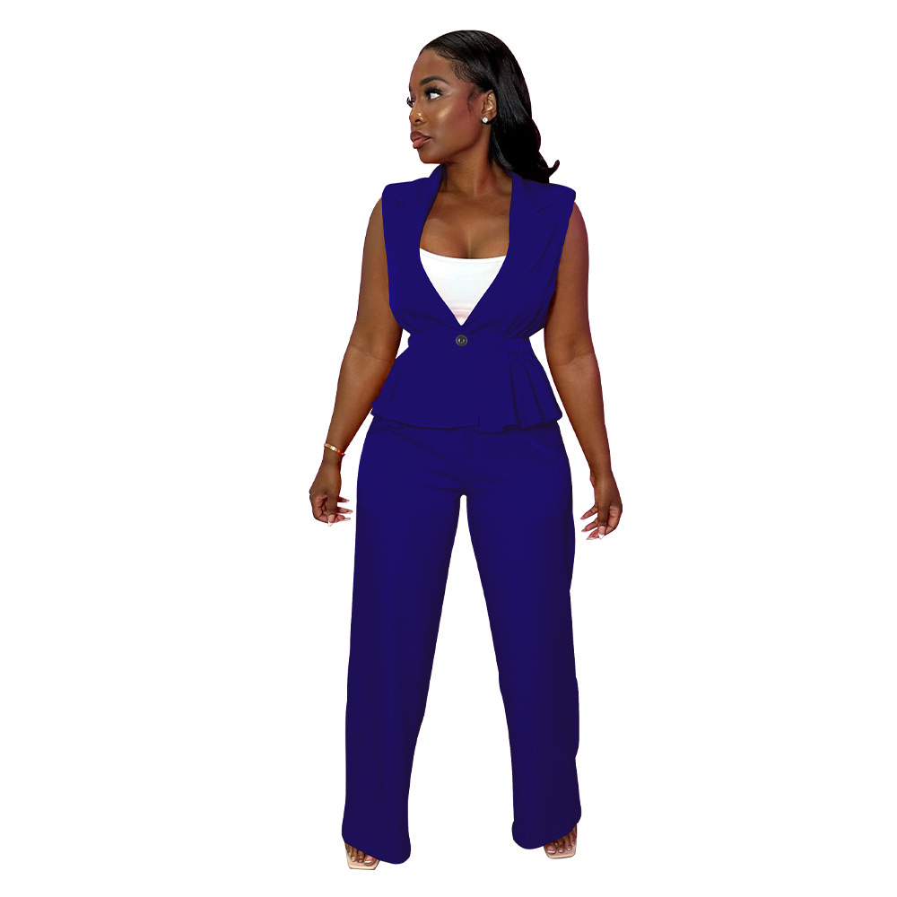 Women's Plain Pleat Sleeveless Blazer & Pants Two-piece Set - Image 3