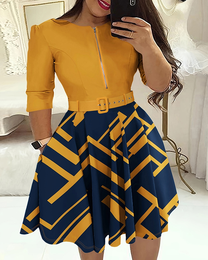 Chest Zipper Crew Neck High Waist Work Swing Printed Dress - Image 5