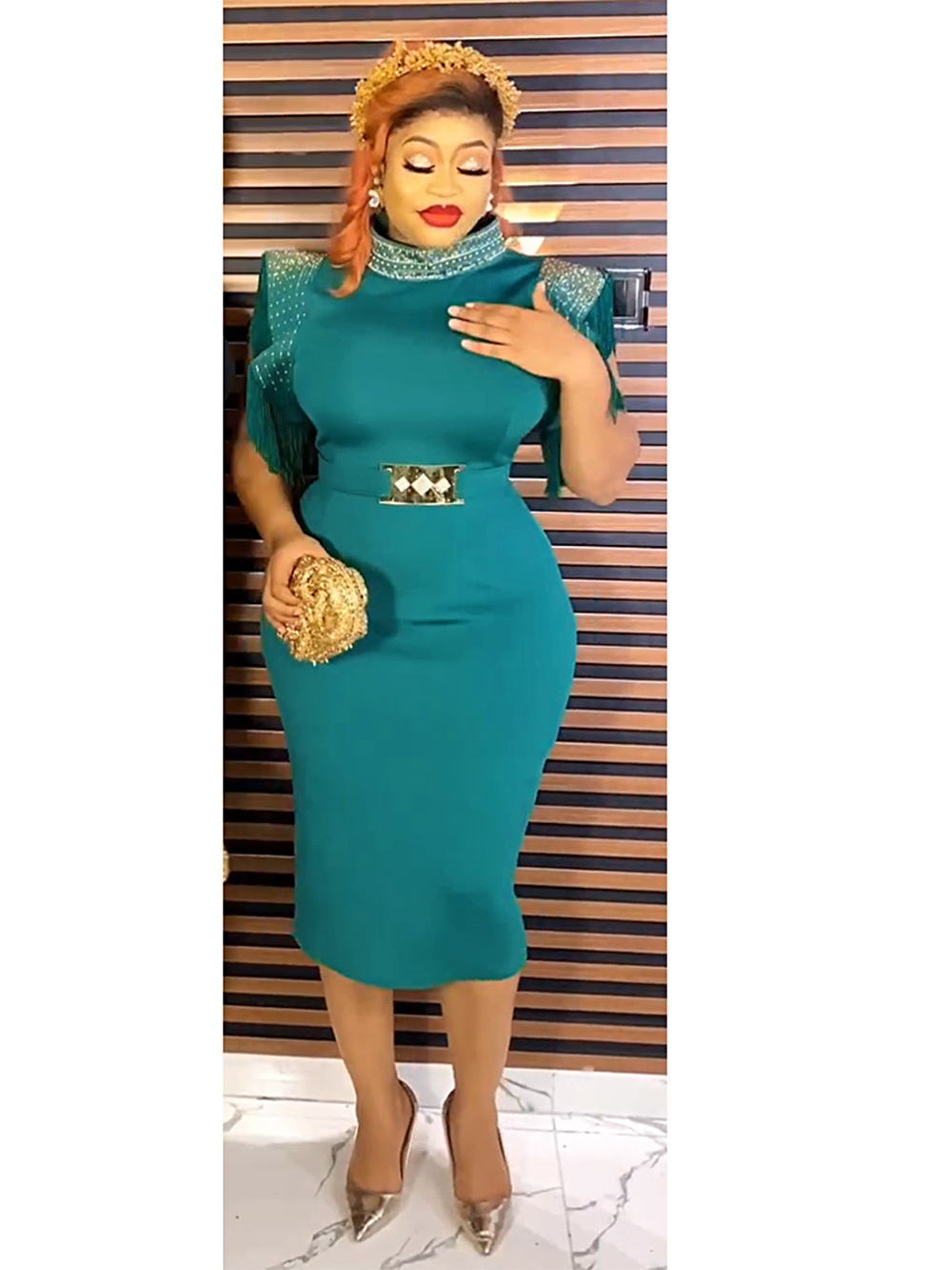 Women's Plus Size Short Sleeve Beads Tassel High Waist Sheath Party Dress - Image 2